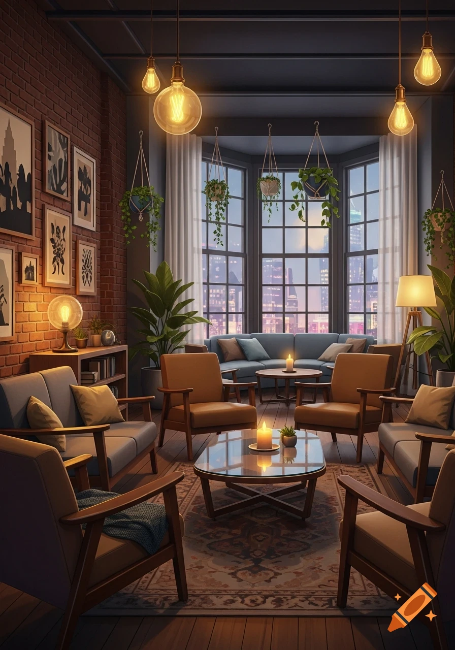 Cozy, warmly lit lounge with brick walls, comfortable seating, hanging plants, and a cityscape view at night.