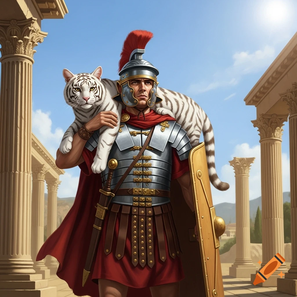 A Roman soldier in armor carries a white tiger on his shoulders through ancient ruins.