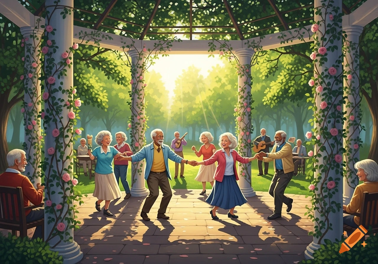 A group of cheerful seniors dance and play music under a rose-covered gazebo in a sunny garden.