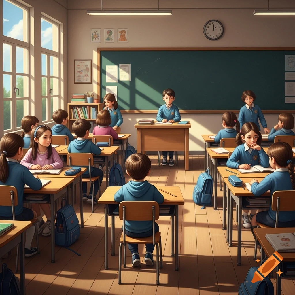 An illustration of a bright classroom with many students in blue uniforms sitting at wooden desks, some working, some looking around.