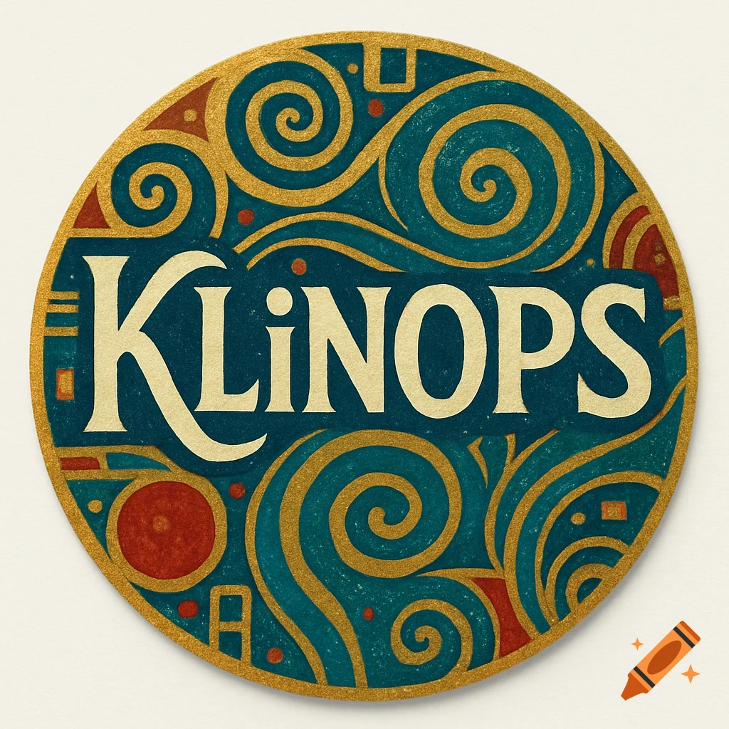 A round, decorative sticker with the word "KLiNOPS" in gold text on a teal background, surrounded by ornate gold and red swirling patterns.