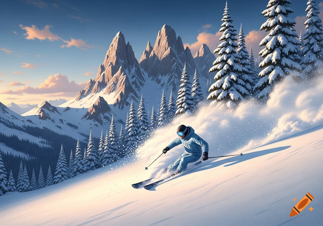 Stylized illustration of a person skiing down a snowy mountain slope with pine trees and jagged peaks.