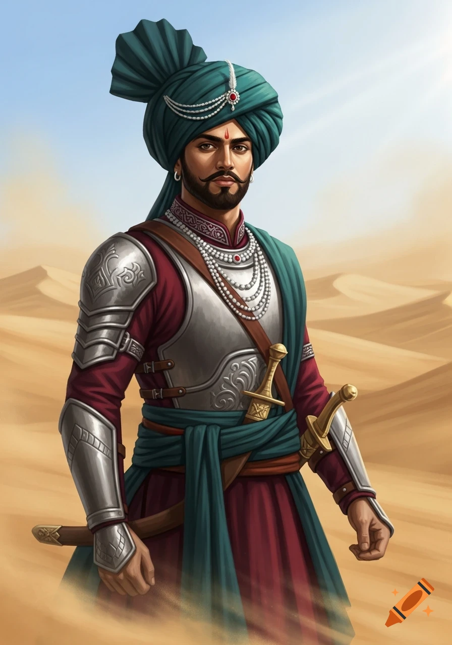 A richly dressed Indian warrior in a green turban, silver armor, and red tunic stands in a desert.