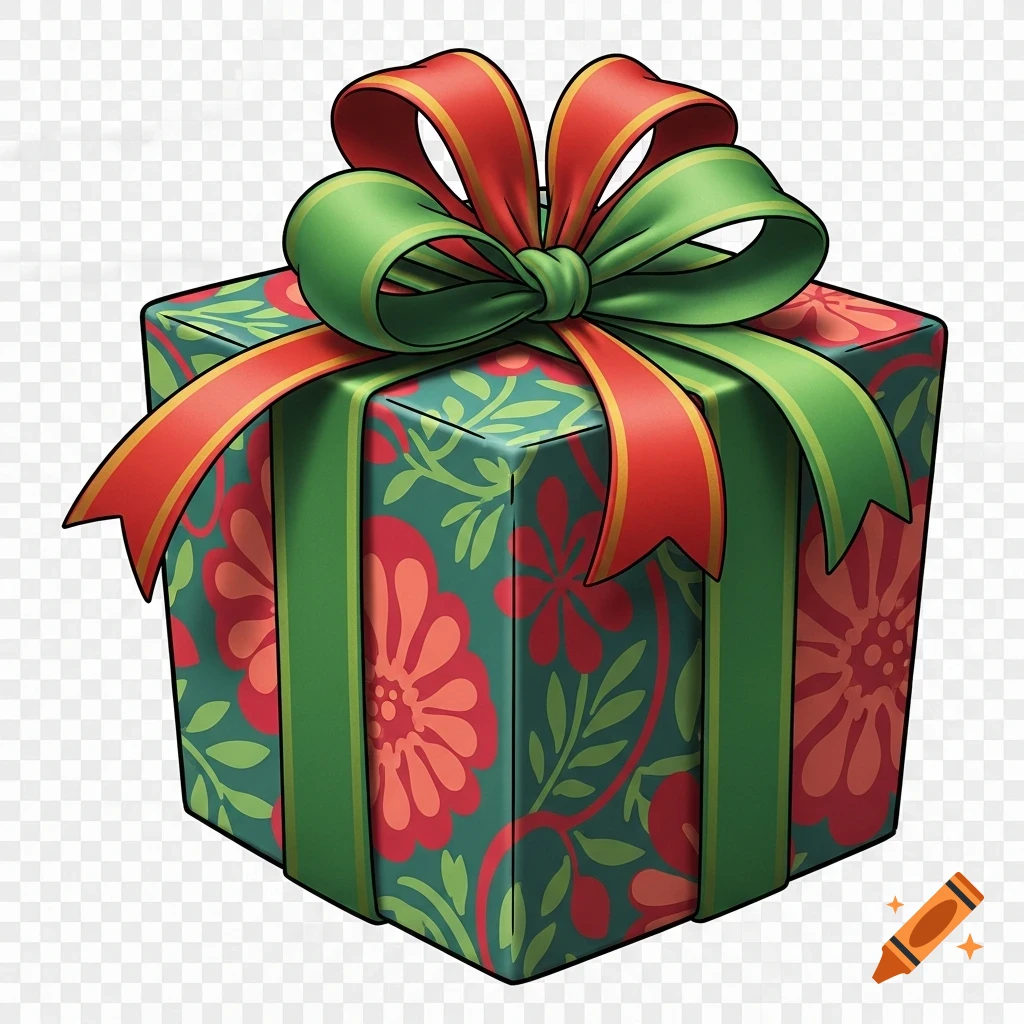 A cartoon Christmas gift box with red and green ribbons, floral wrapping, and a transparent background.