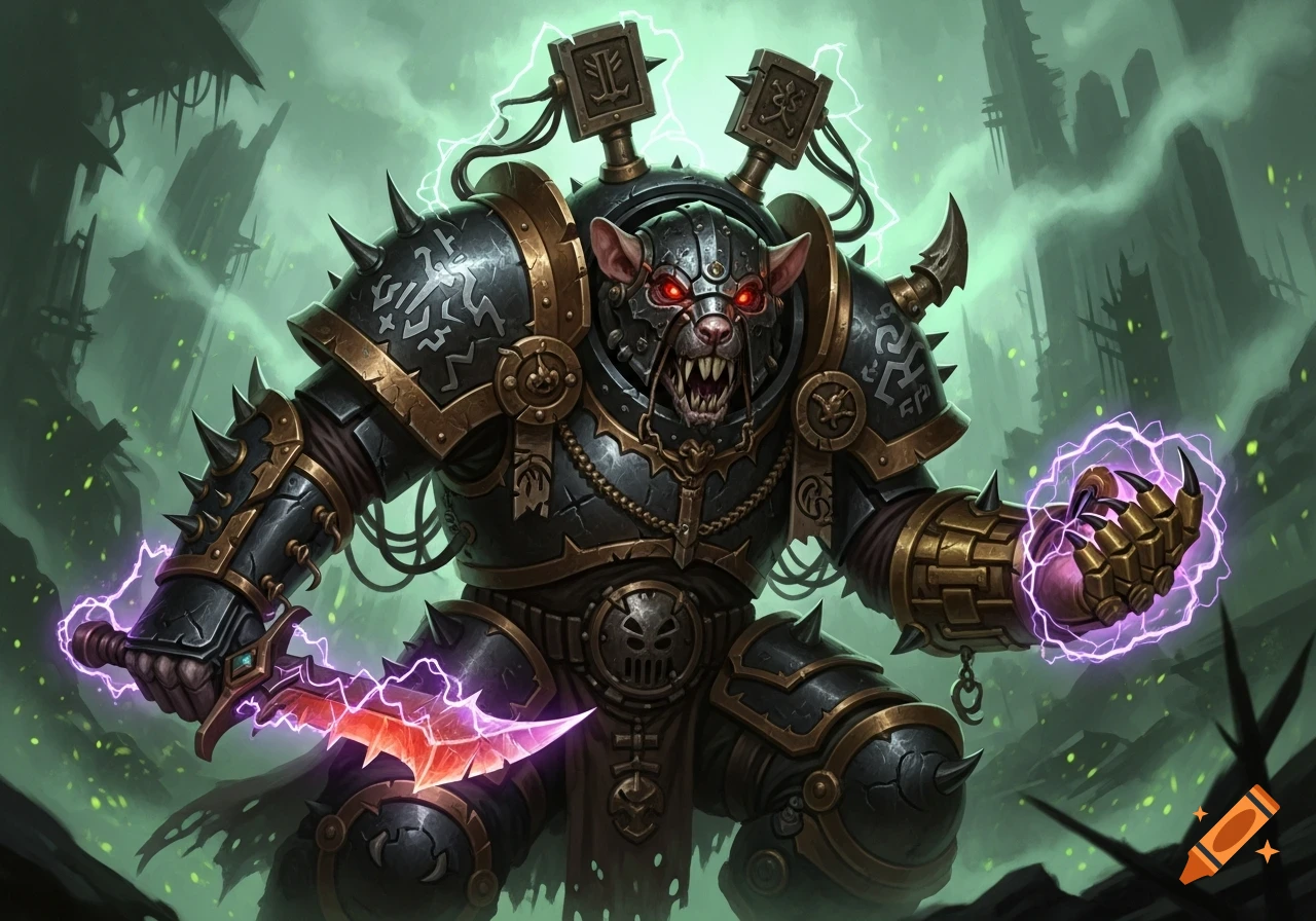A fierce rat-like warrior, a Skaven, in dark, spiked power armor with glowing red eyes, holding a magical dagger and purple energy.