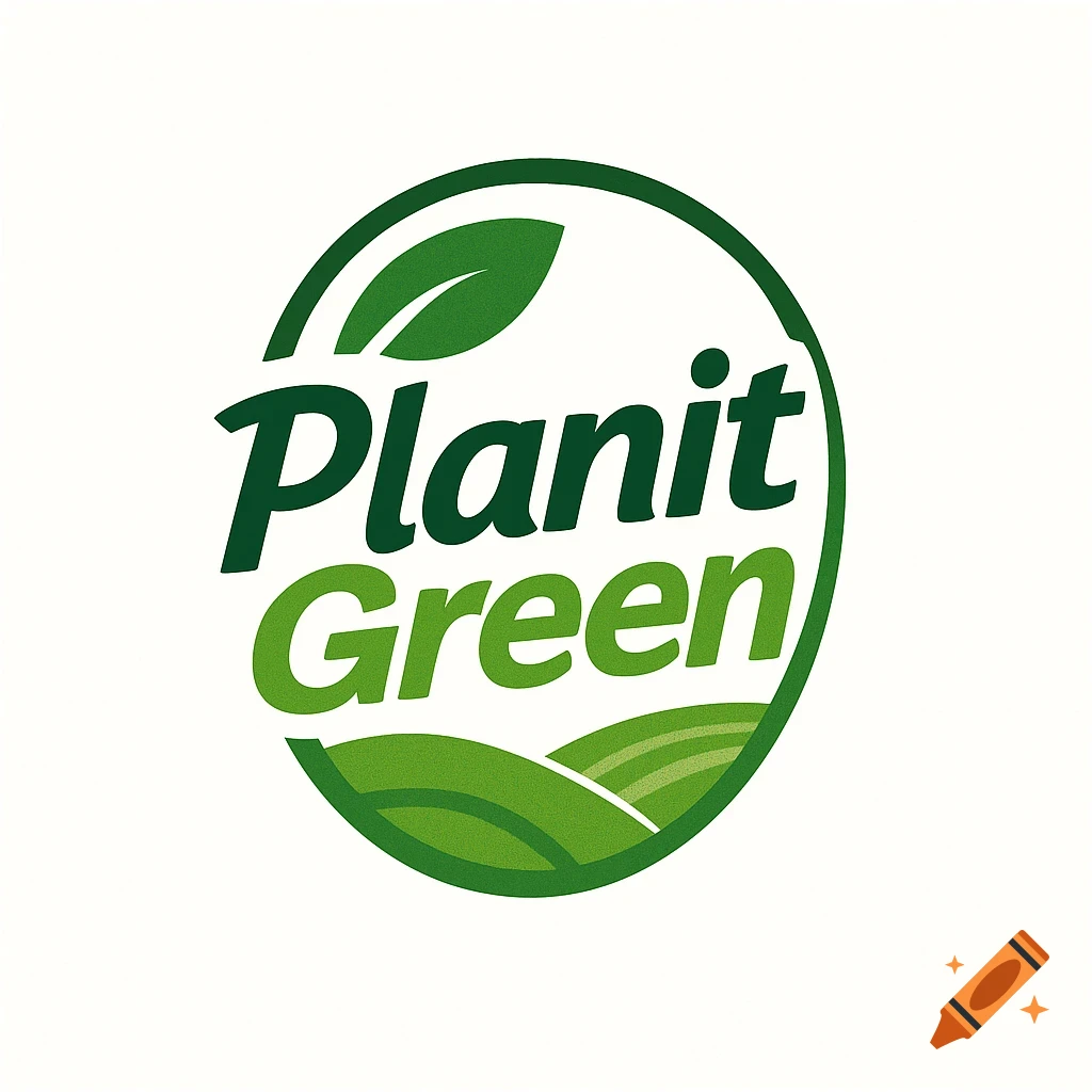 A green and white circular logo for 'Planit Green' with a leaf and rolling hills.