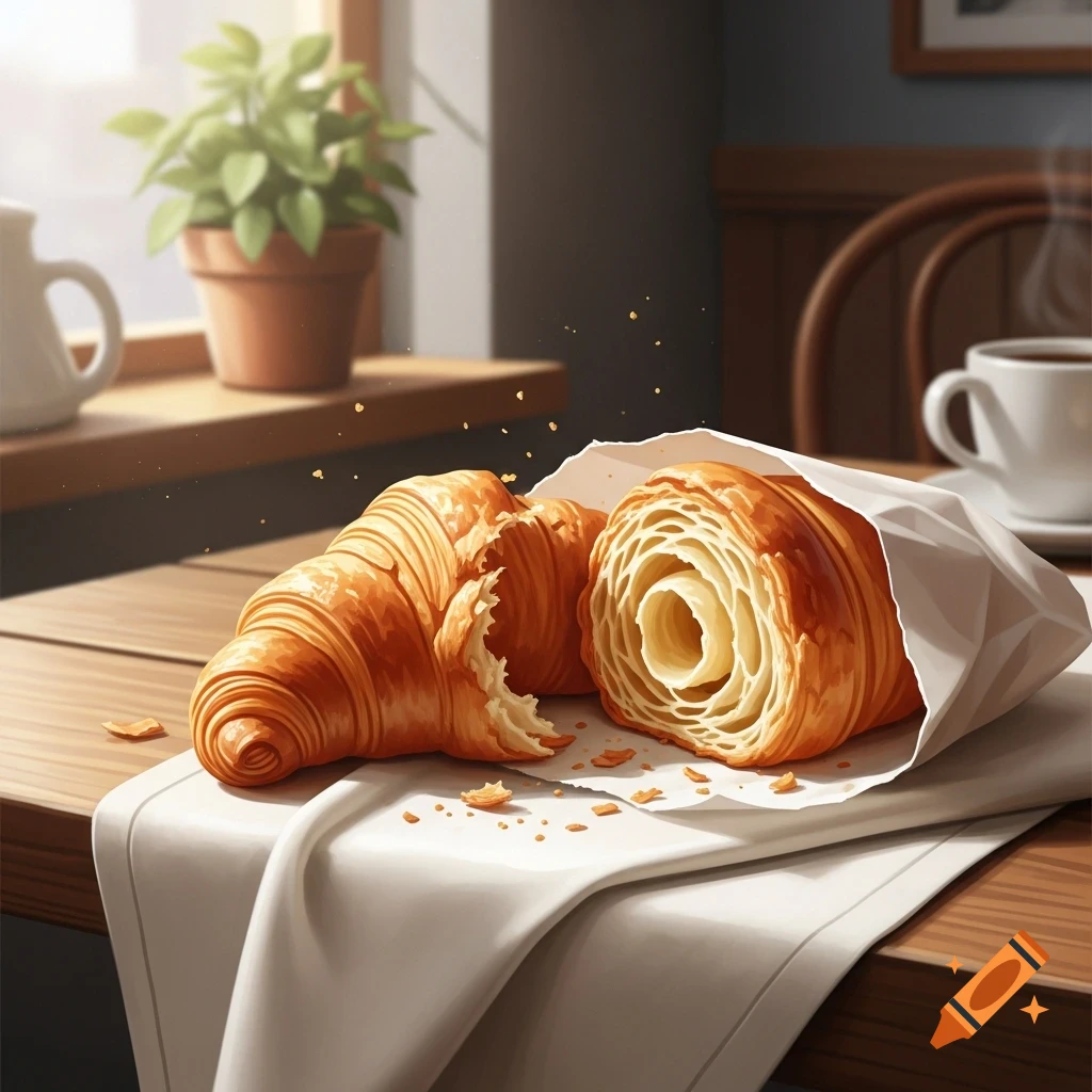 Two golden croissants, one cut open to show flaky layers, on a white cloth on a wooden table in a sunny room.