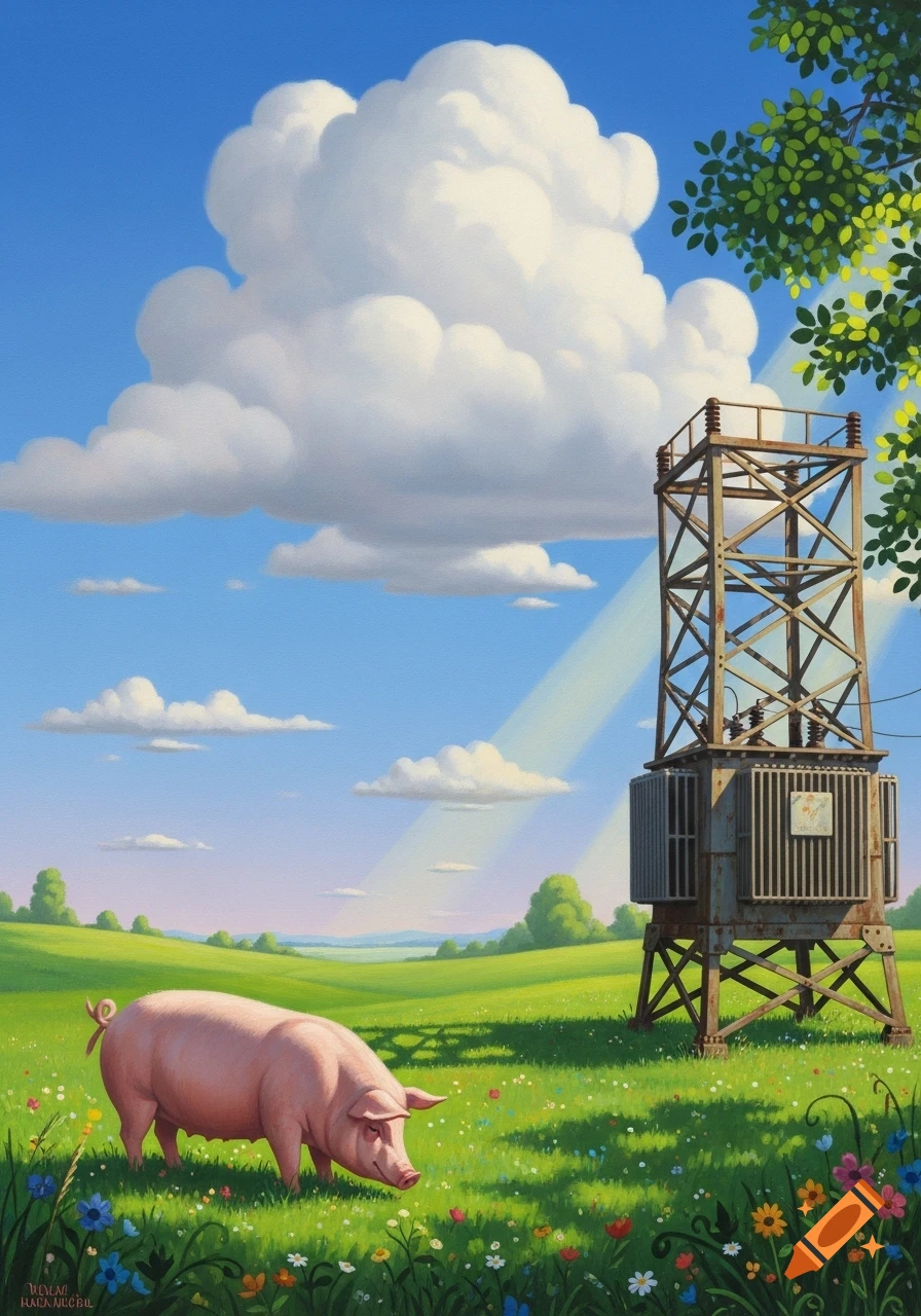 A whimsical painting of a pink pig grazing in a vibrant green meadow dotted with wildflowers, with a towering old transformer on the right, under a bright blue sky with large fluffy clouds.