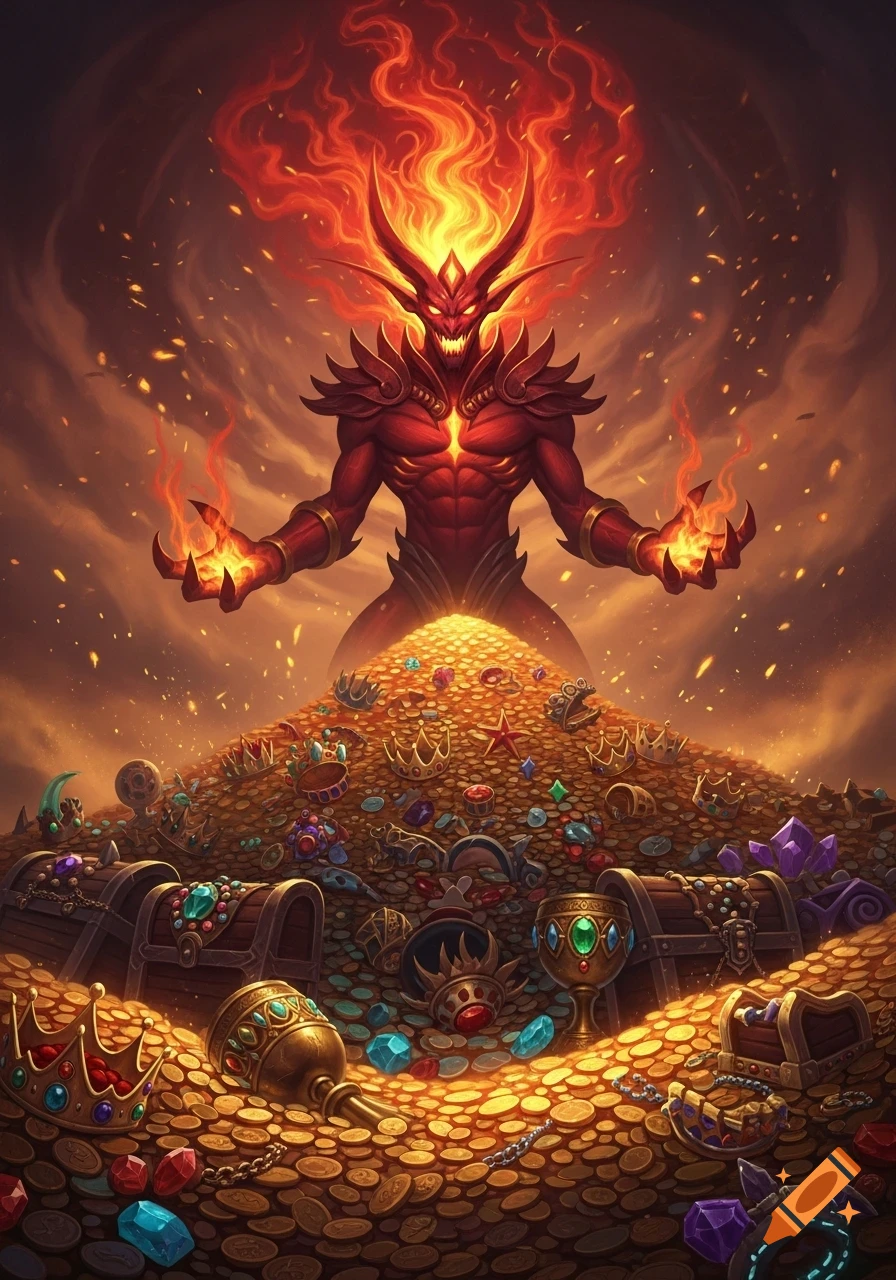 A fiery red demon with horns, sharp teeth, and glowing eyes stands menacingly on a massive pile of gold coins, jewels, and treasure chests, against a smoke-filled background.