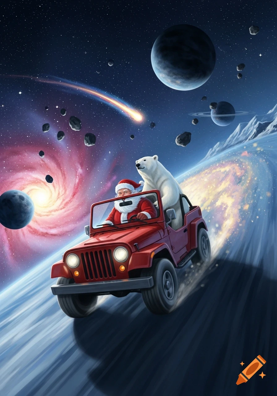 Santa Claus drives a red jeep with a polar bear through a colorful space landscape with planets, asteroids, and a swirling galaxy.