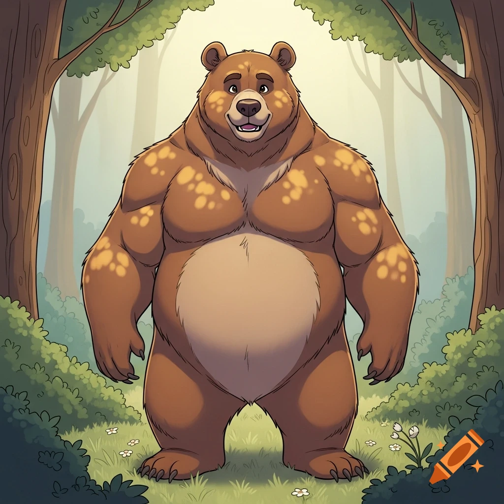 A friendly, muscular brown cartoon bear with lighter fur on its belly stands in a green forest.