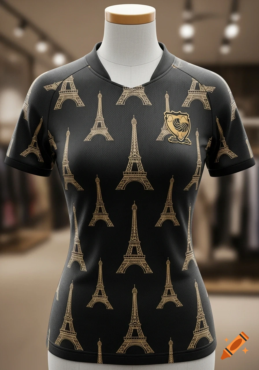 Black jersey with gold Eiffel Tower patterns and a gold emblem on a mannequin in a store.