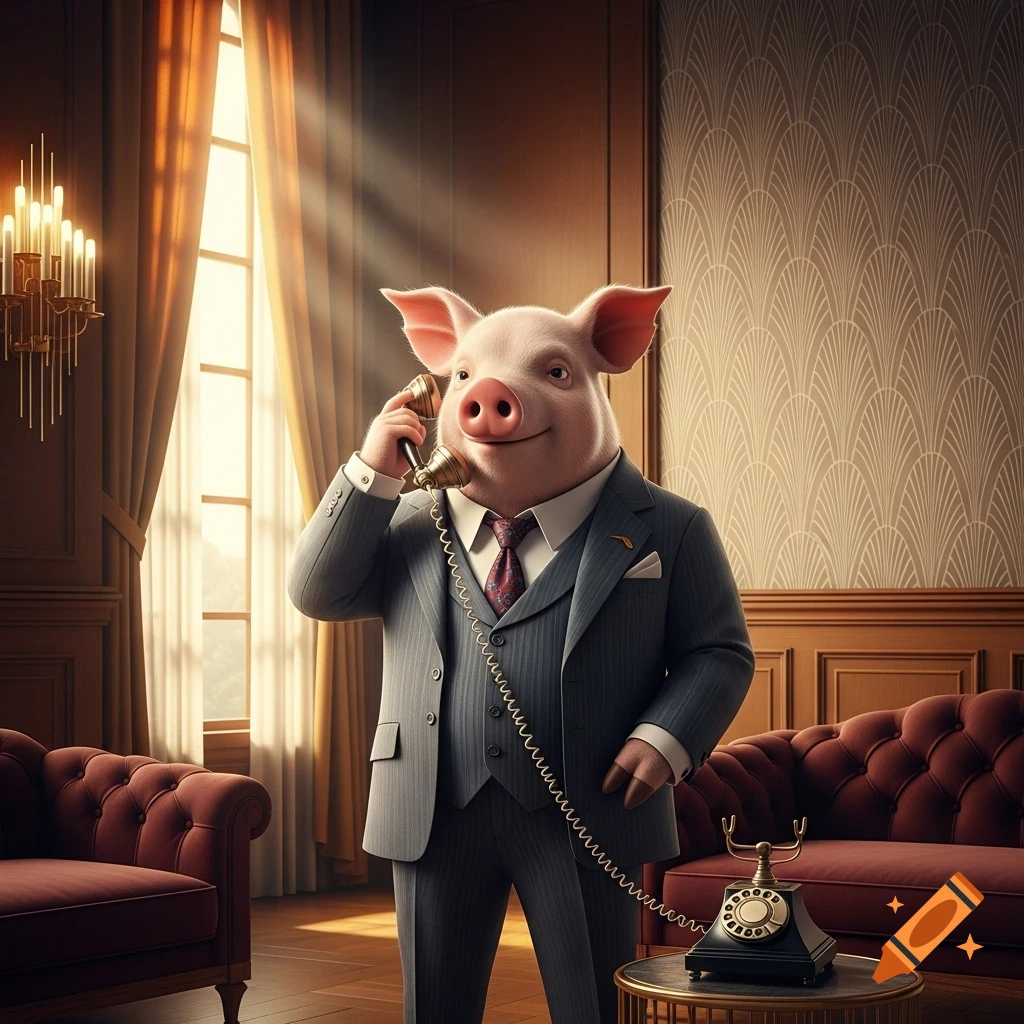 A sophisticated anthropomorphic pig in a grey suit and tie speaks on a vintage telephone in a luxurious, richly decorated room.
