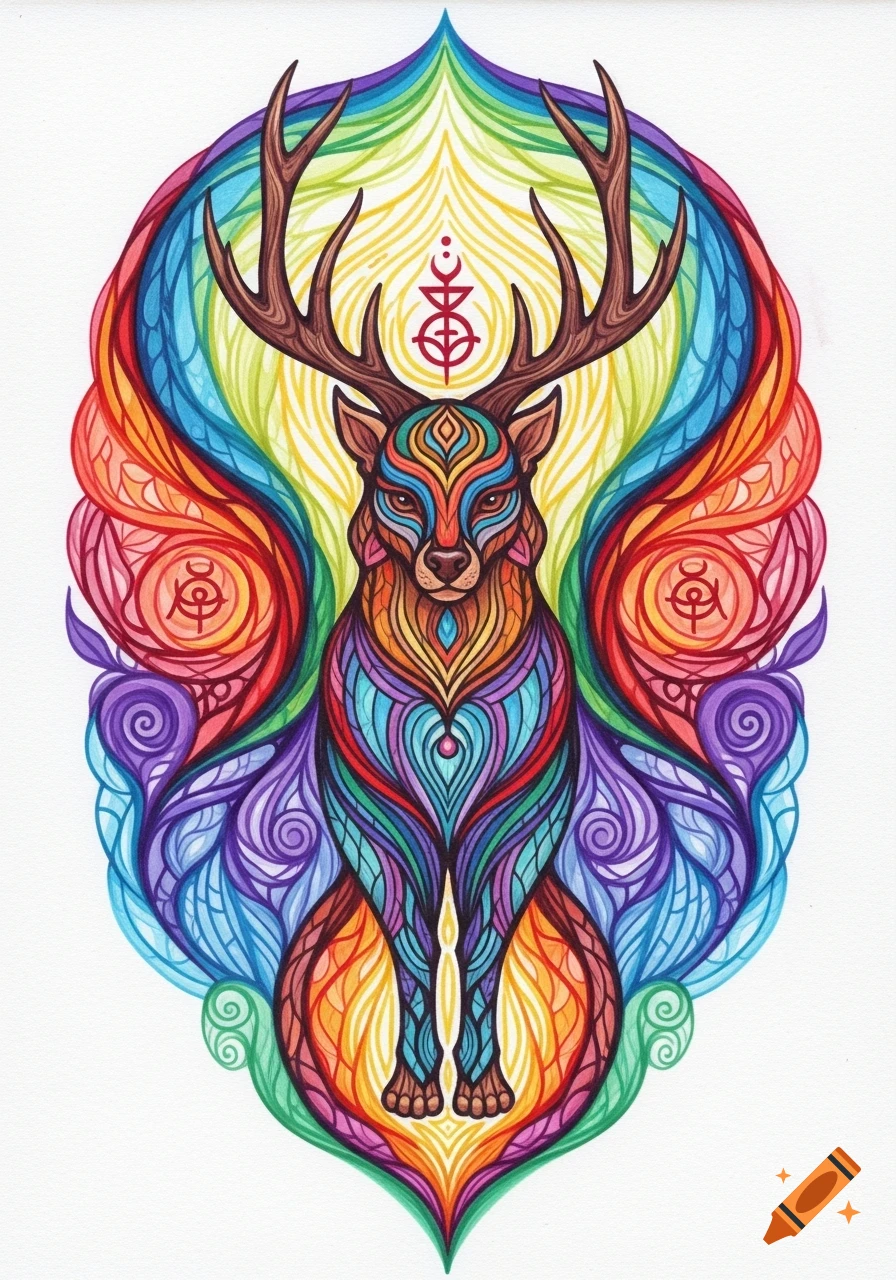 Vibrant, stylized illustration of a deer in a spirit animal art style, featuring intricate rainbow-colored patterns.
