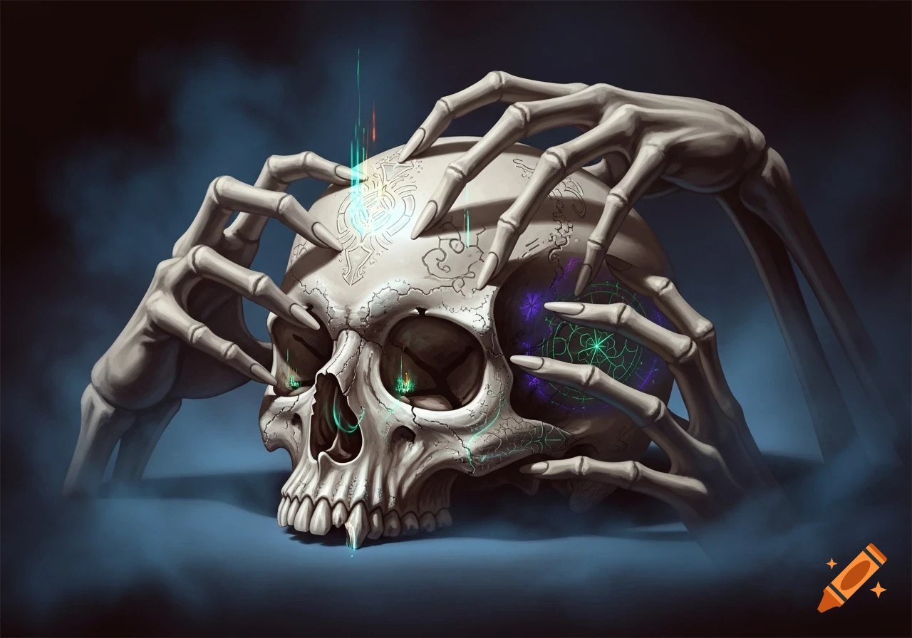 A stylized illustration of a skull covered in glowing magical runes, clasped by skeletal hands.