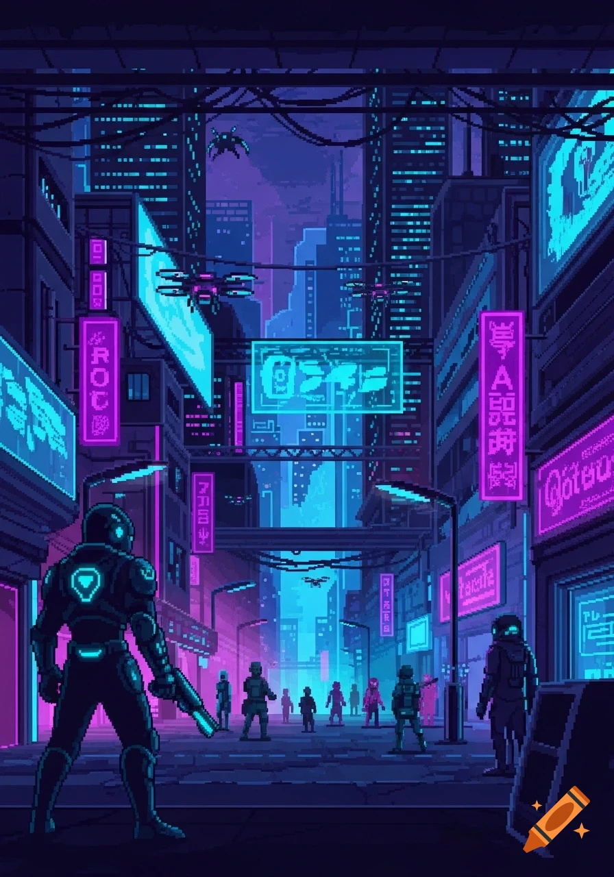 Pixel art scene of armored figures in a neon-lit cyberpunk city street with futuristic buildings and flying drones.