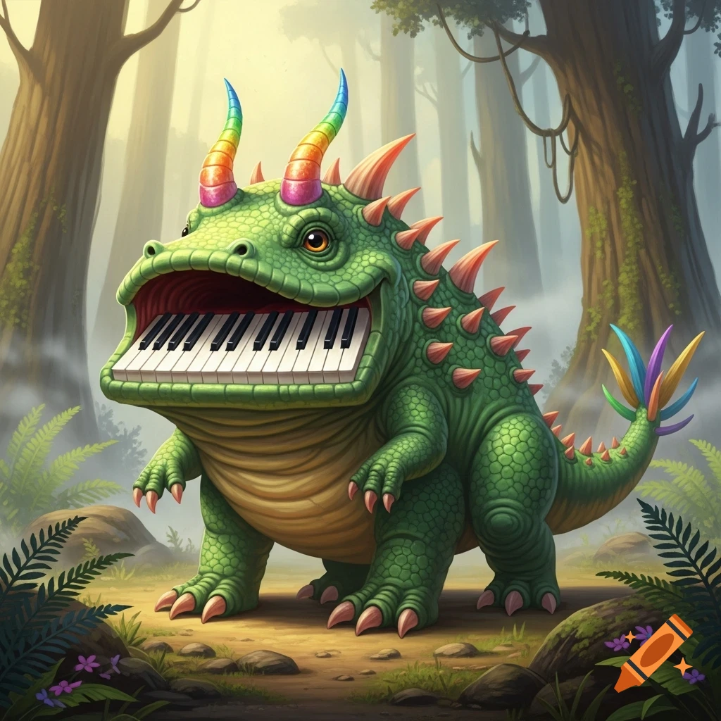 A green cartoon dinosaur with a piano keyboard for a mouth, rainbow horns, and spikes, standing in a magical forest.