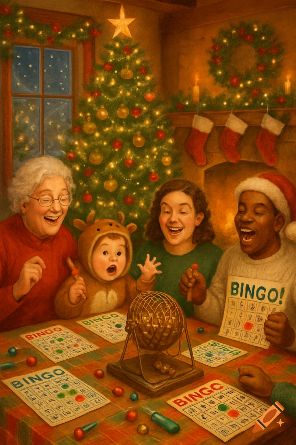 A multi-generational family plays Christmas Bingo in a festive living room with a decorated tree.