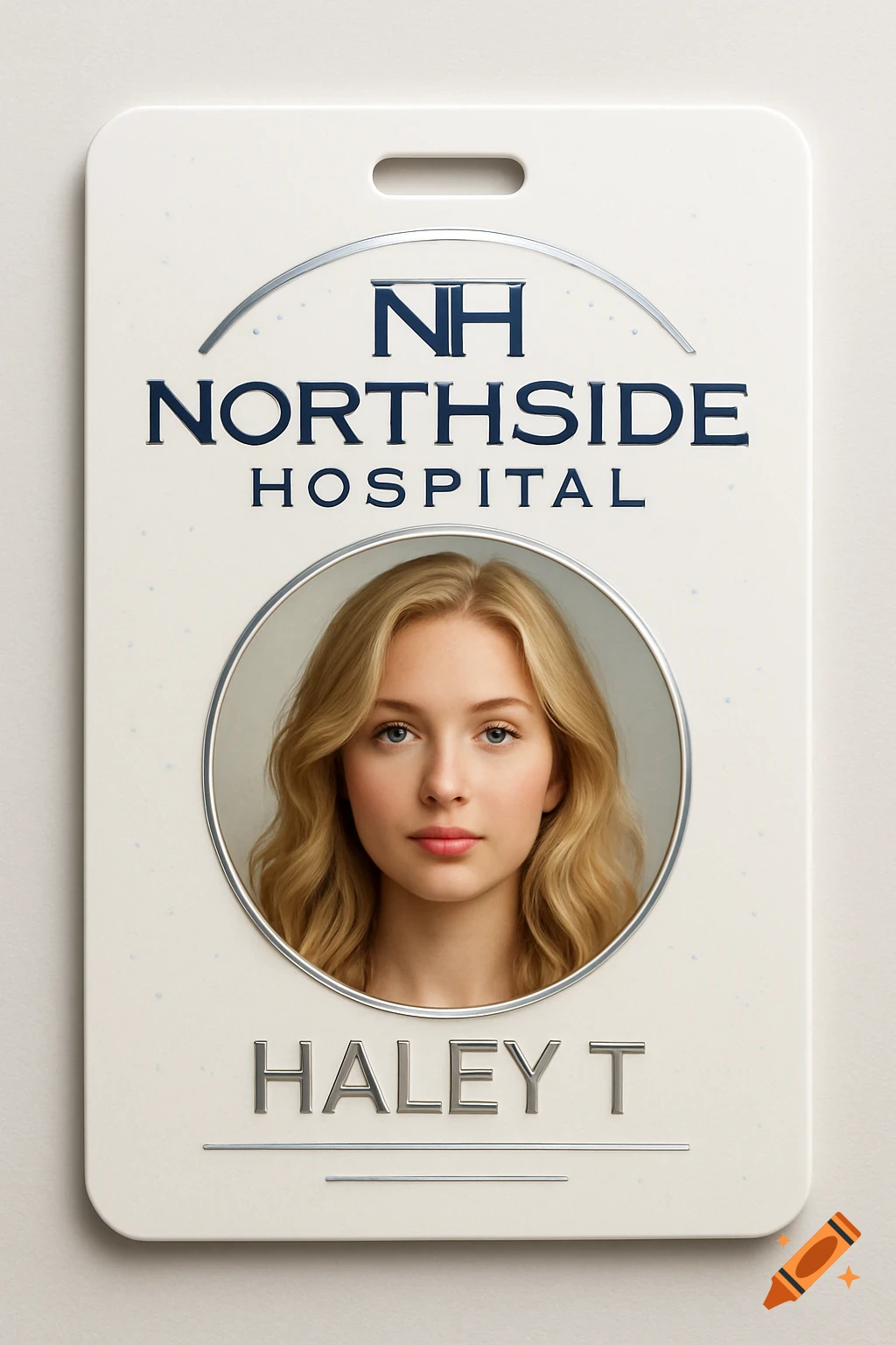 Photorealistic hospital ID badge with a blonde woman's photo, labeled 'Northside Hospital' and 'Haley T'.