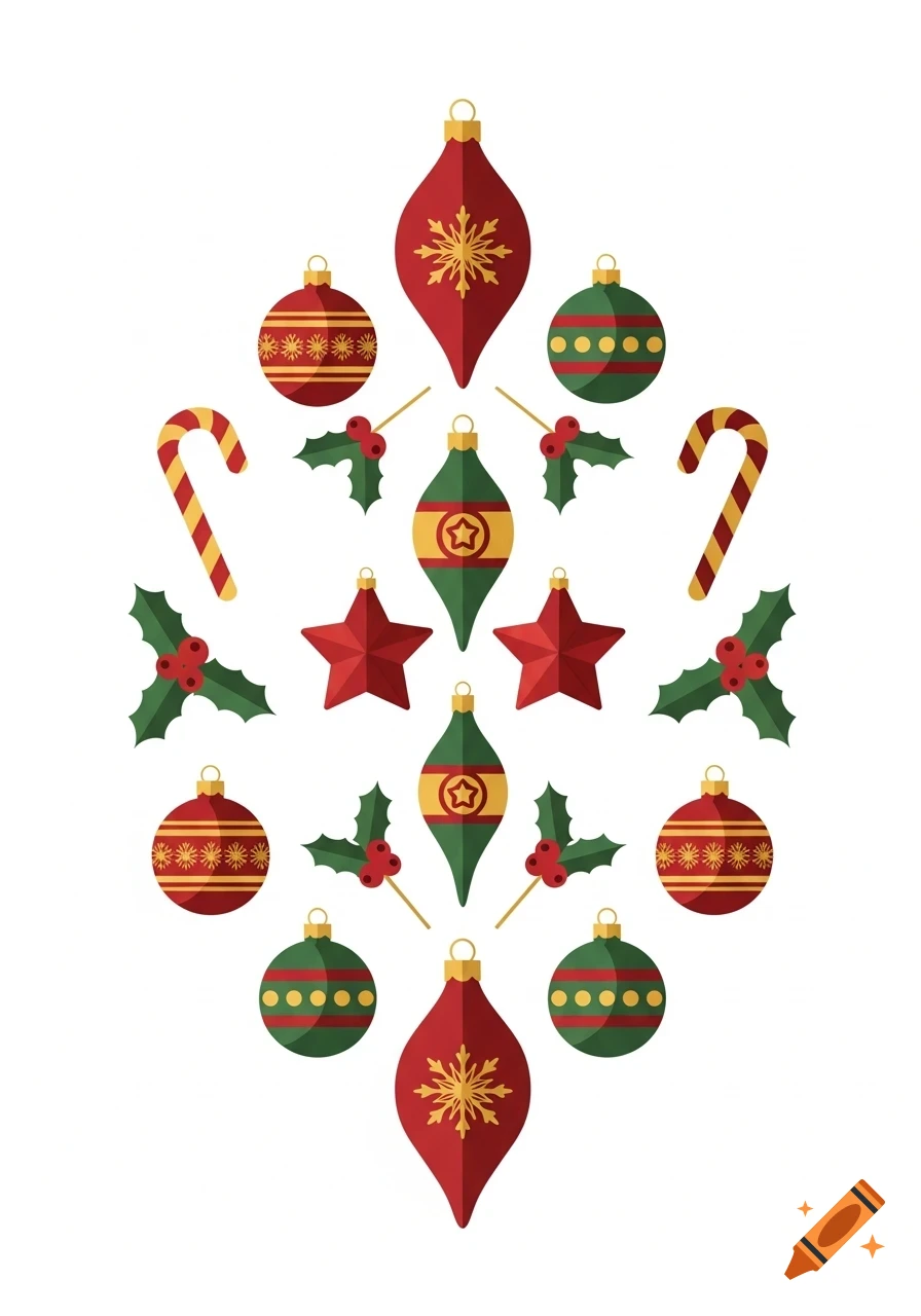 A symmetrical arrangement of red and green Christmas ornaments, candy canes, holly, and stars on a white background, in a flat illustration style.