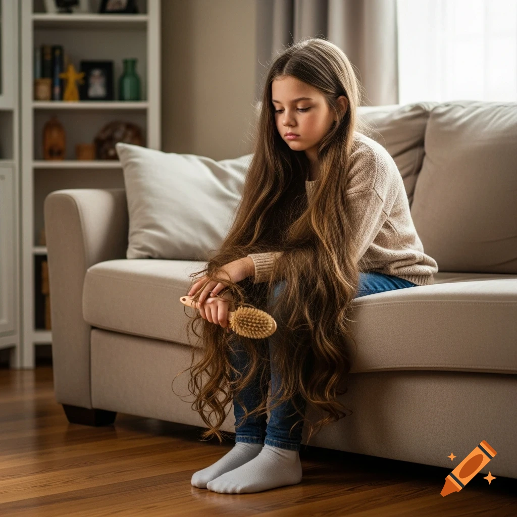 A sad young girl with very long brown hair sits on a beige couch, holding a brush.