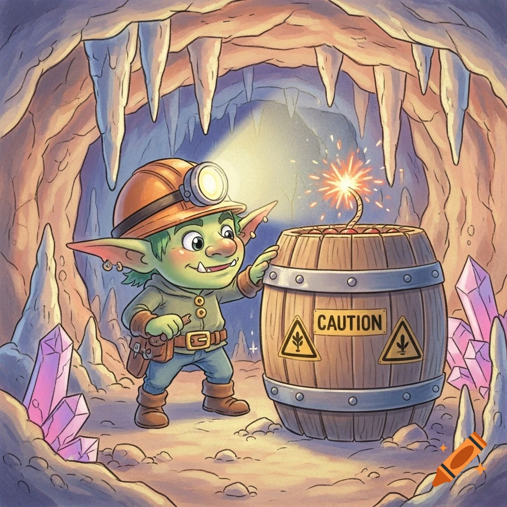 Cartoon green goblin with a miner's helmet and headlamp stands by a wooden barrel with a burning fuse in a pastel mine.