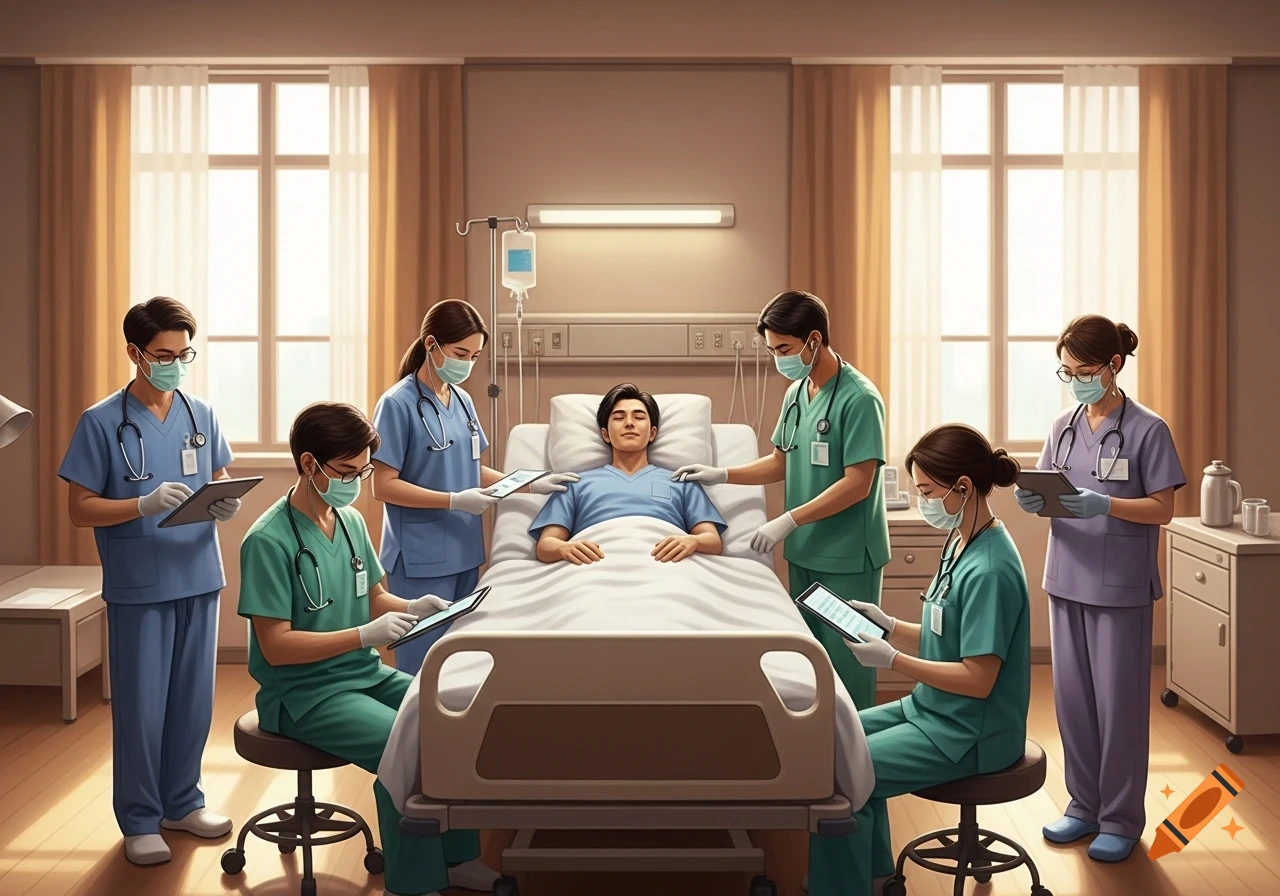 A patient lies in a hospital bed surrounded by six medical professionals in scrubs, masks, and stethoscopes, some holding tablets, in a brightly lit room.