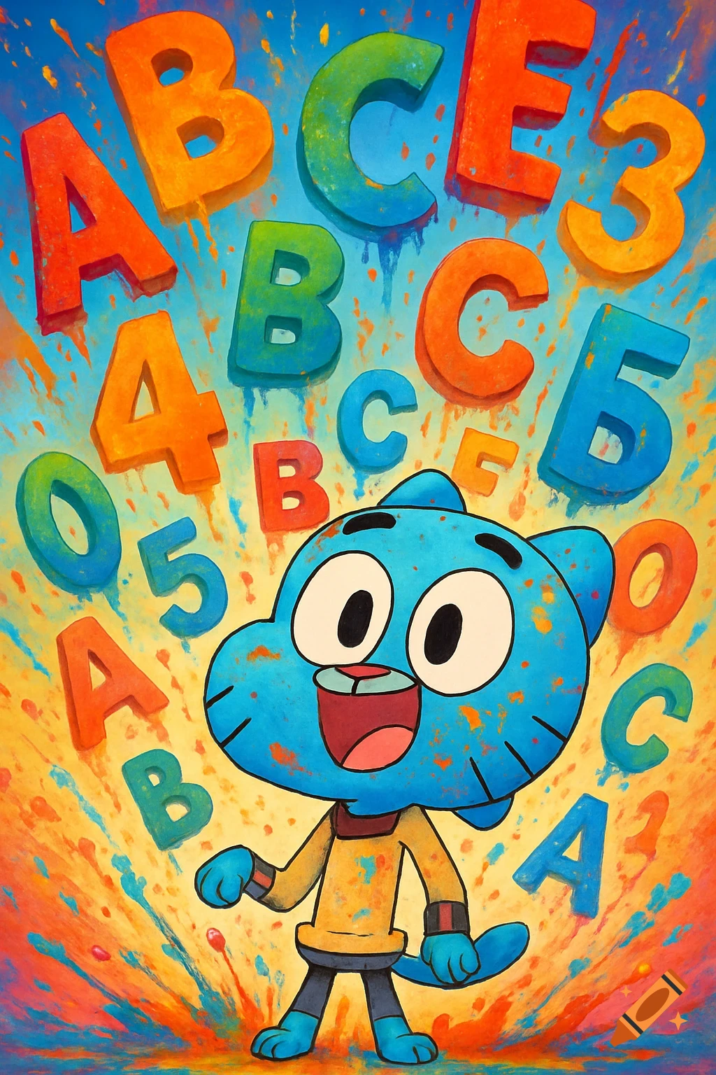 Gumball Watterson surrounded by colorful falling alphabet letters and numbers in a vibrant, splashy painting style.