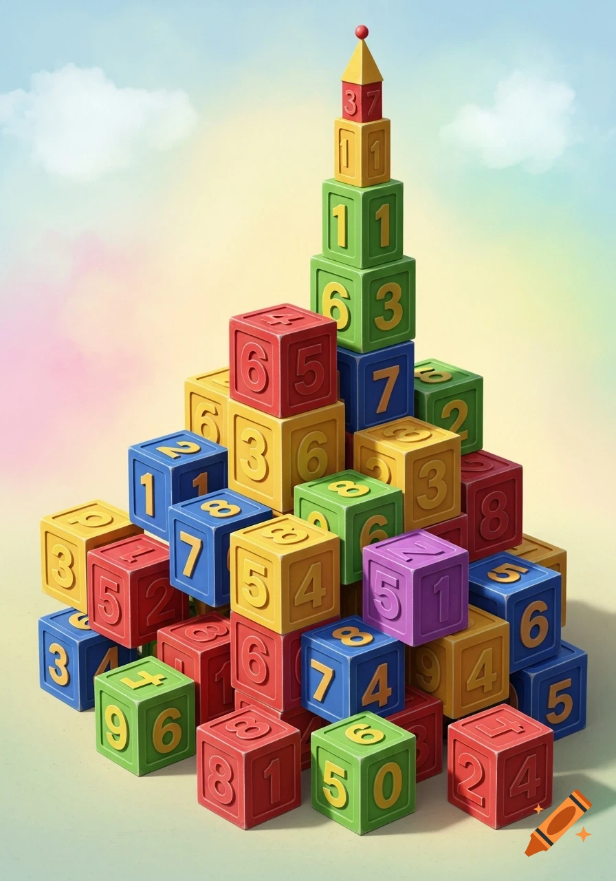 A colorful stack of number blocks in red, blue, green, yellow, and purple, forming a tall tower with a spire against a pastel sky.