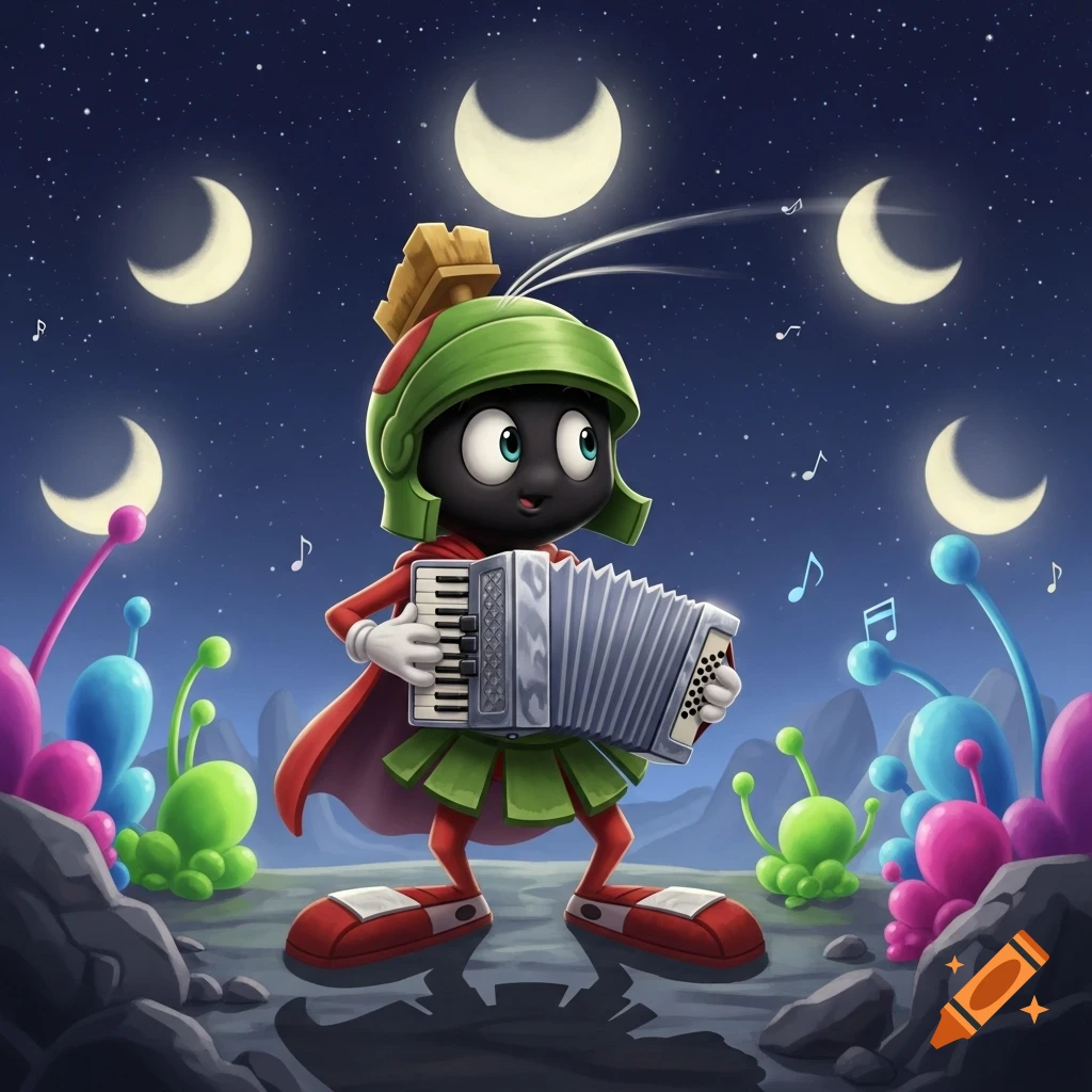 Marvin the Martian plays an accordion under a starry night sky with multiple crescent moons and alien plants.