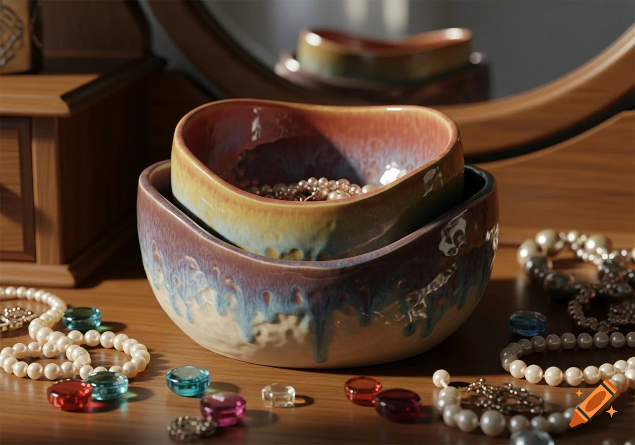 Two stacked iridescent pottery bowls hold pearl necklaces and colorful gems on a wooden surface next to a mirror.