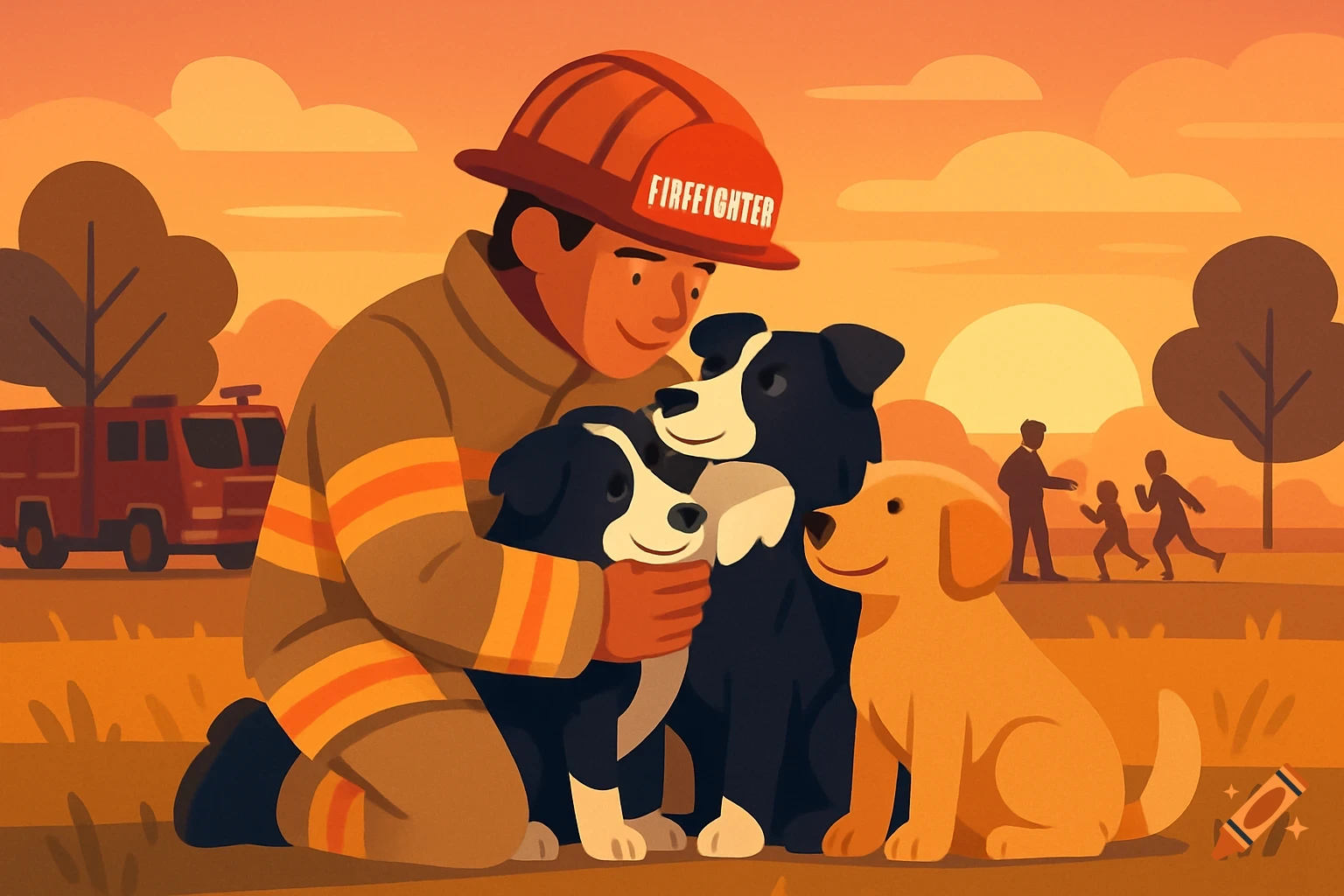 Flat illustration of a friendly firefighter kneeling, hugging two Border Collies, with a golden Labrador beside him at sunset.