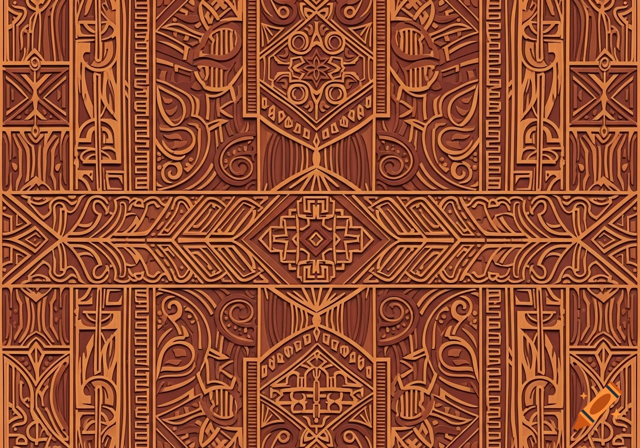 A highly detailed, symmetrical woodcut pattern in shades of brown and orange, featuring geometric and organic swirling designs.