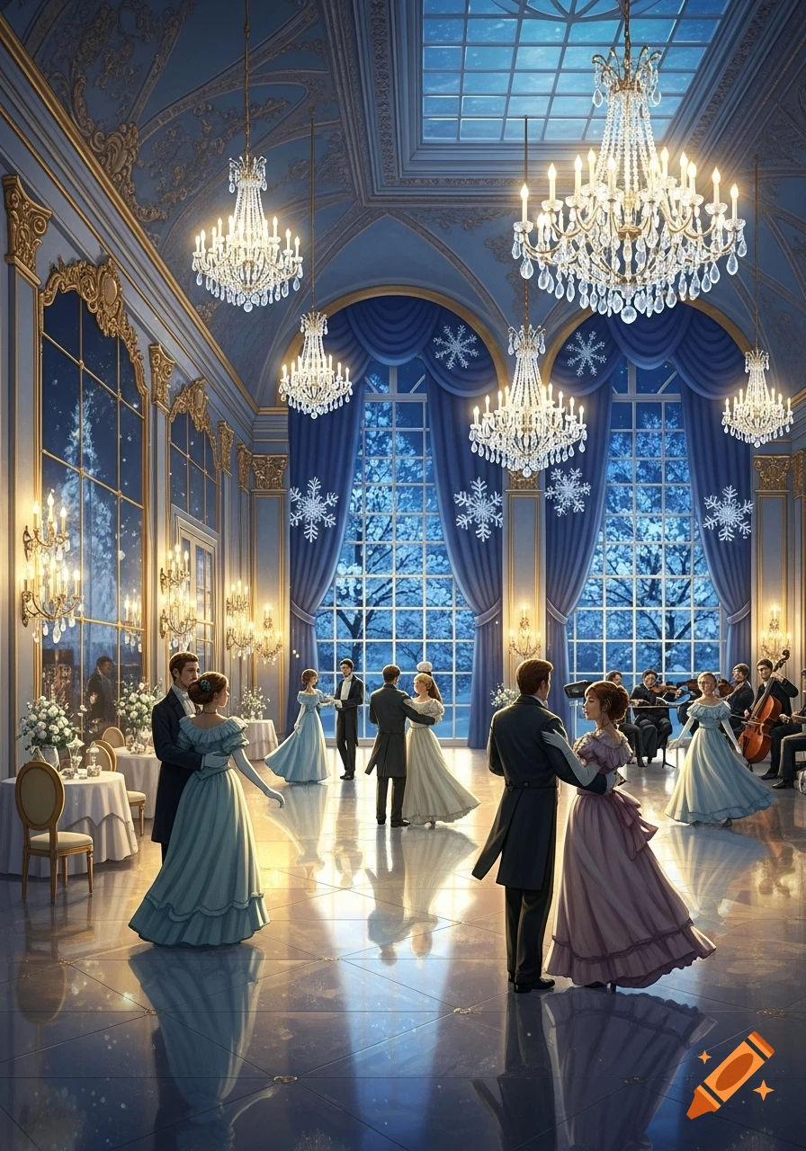 An elegant winter ball in a grand ballroom with dancers, sparkling chandeliers, and large windows looking out onto a snowy night.