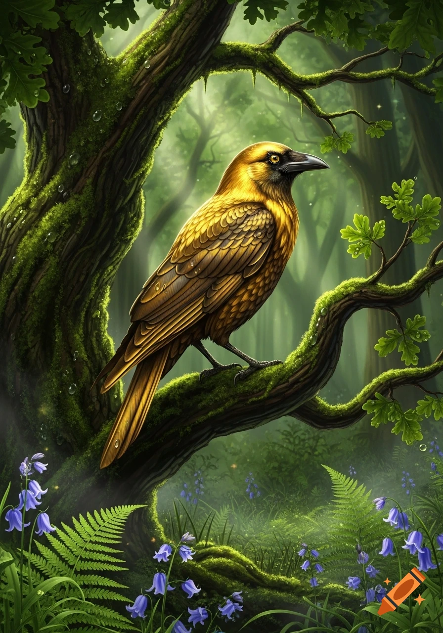 A majestic golden bird with dark eyes perches on a mossy tree branch in ...