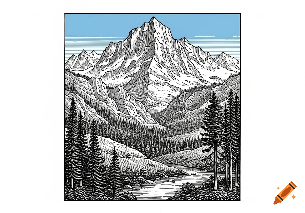 A detailed woodcut illustration of a mountain landscape with a prominent peak, pine trees, and a river under a clear blue sky.