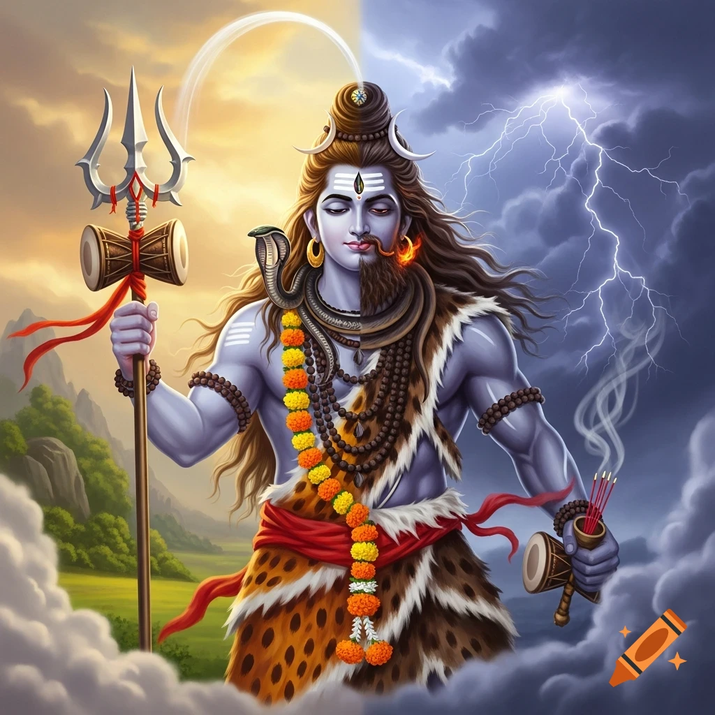 Vibrant illustration of Lord Shiva in dual form, half serene against sunny hills, half fierce with lightning. He holds a trishul and drum.