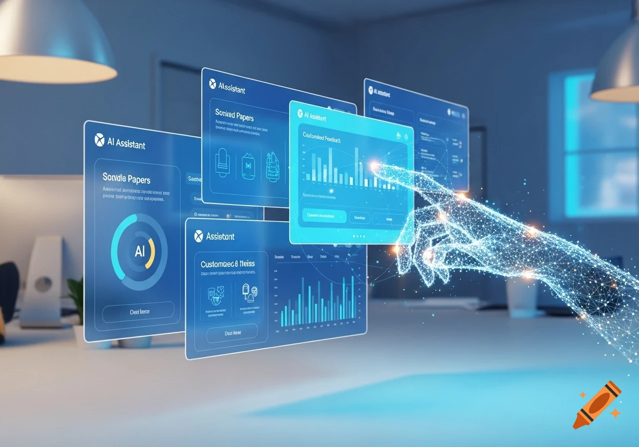 A glowing, wireframe hand interacts with multiple holographic screens displaying AI assistant interfaces with charts, data, and text, in a modern office setting.