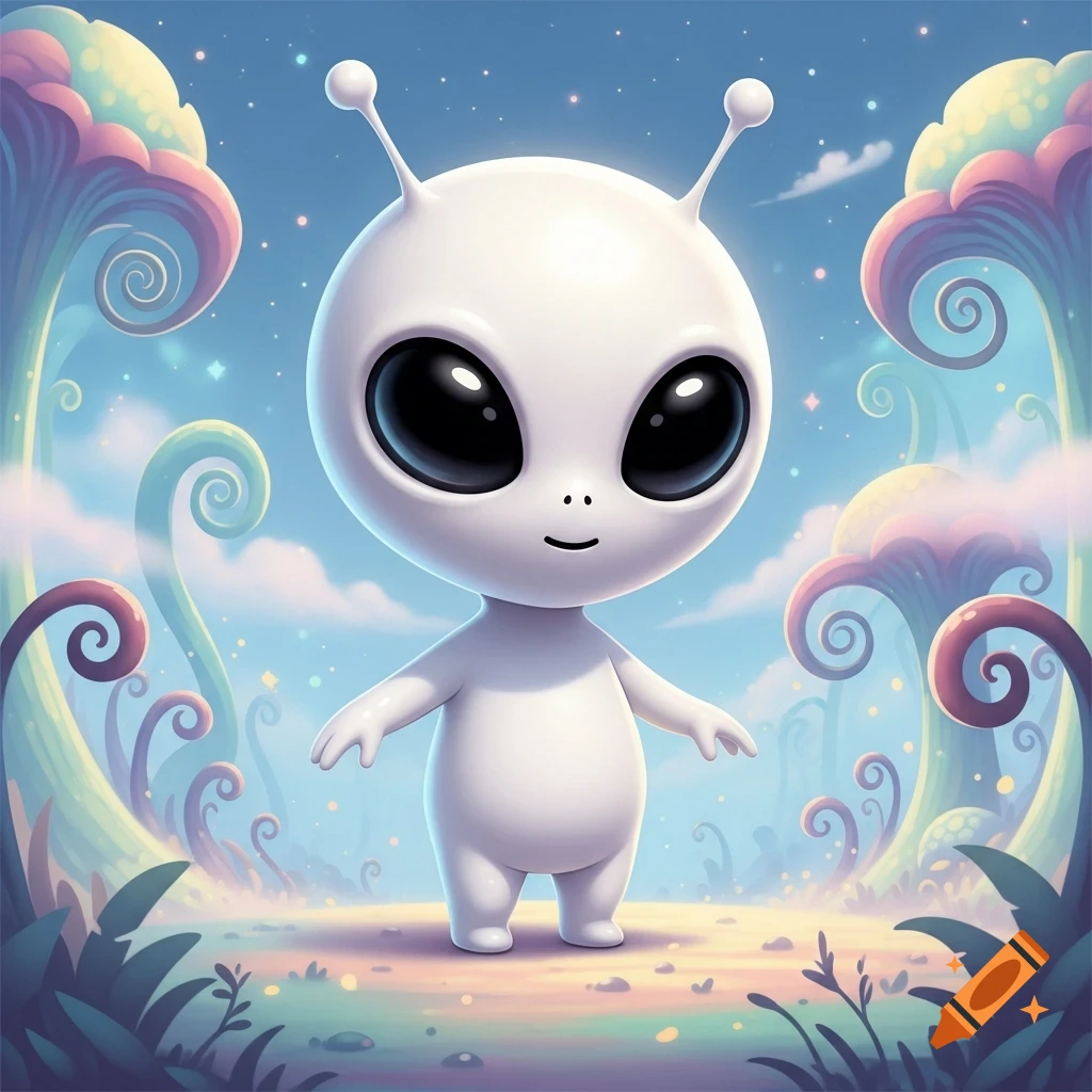 A cute, white, cartoon alien with large black eyes stands in a whimsical fantasy landscape with colorful, swirling plants.