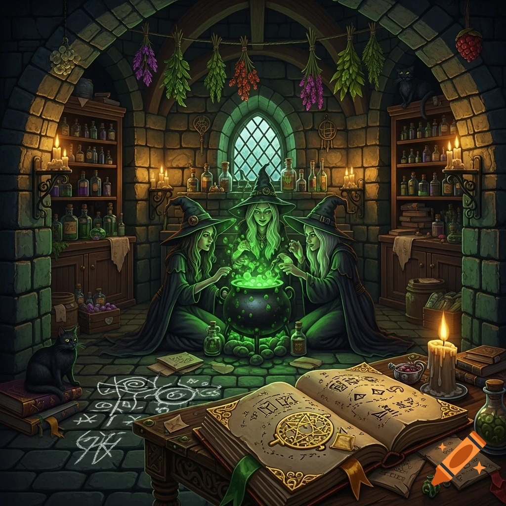 Three witches in a stone dungeon cook a glowing green potion in a cauldron, surrounded by magic books and symbols.