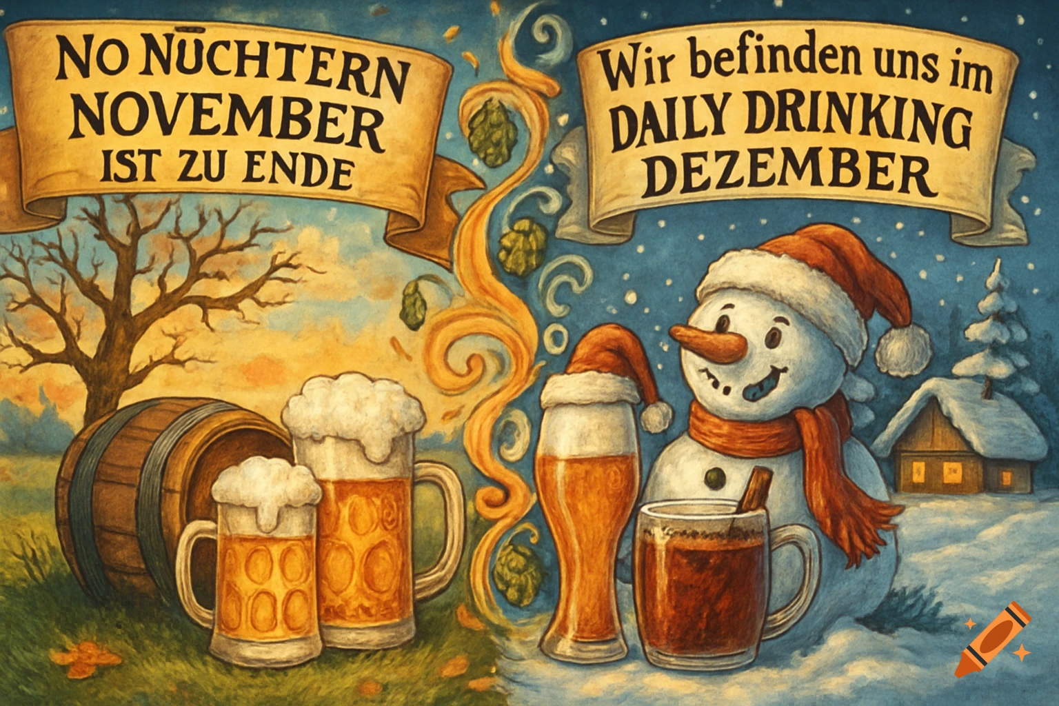 Humorous split image: autumn scene with beer mugs for No Sober November, winter scene with snowman and drinks for Daily Drinking December.