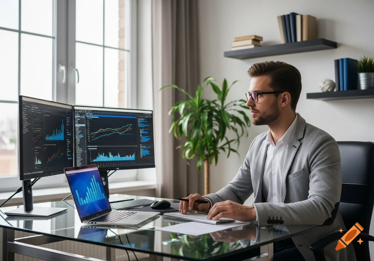 Photorealistic image of a young man with glasses working at a modern glass desk with two large monitors and a laptop displaying graphs.
