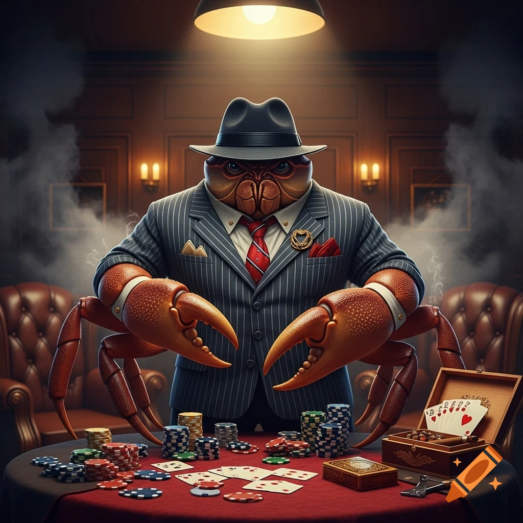 A well-dressed, anthropomorphic crab in a pinstripe suit and fedora, resembling a mafia boss, sits at a poker table with chips and cards.