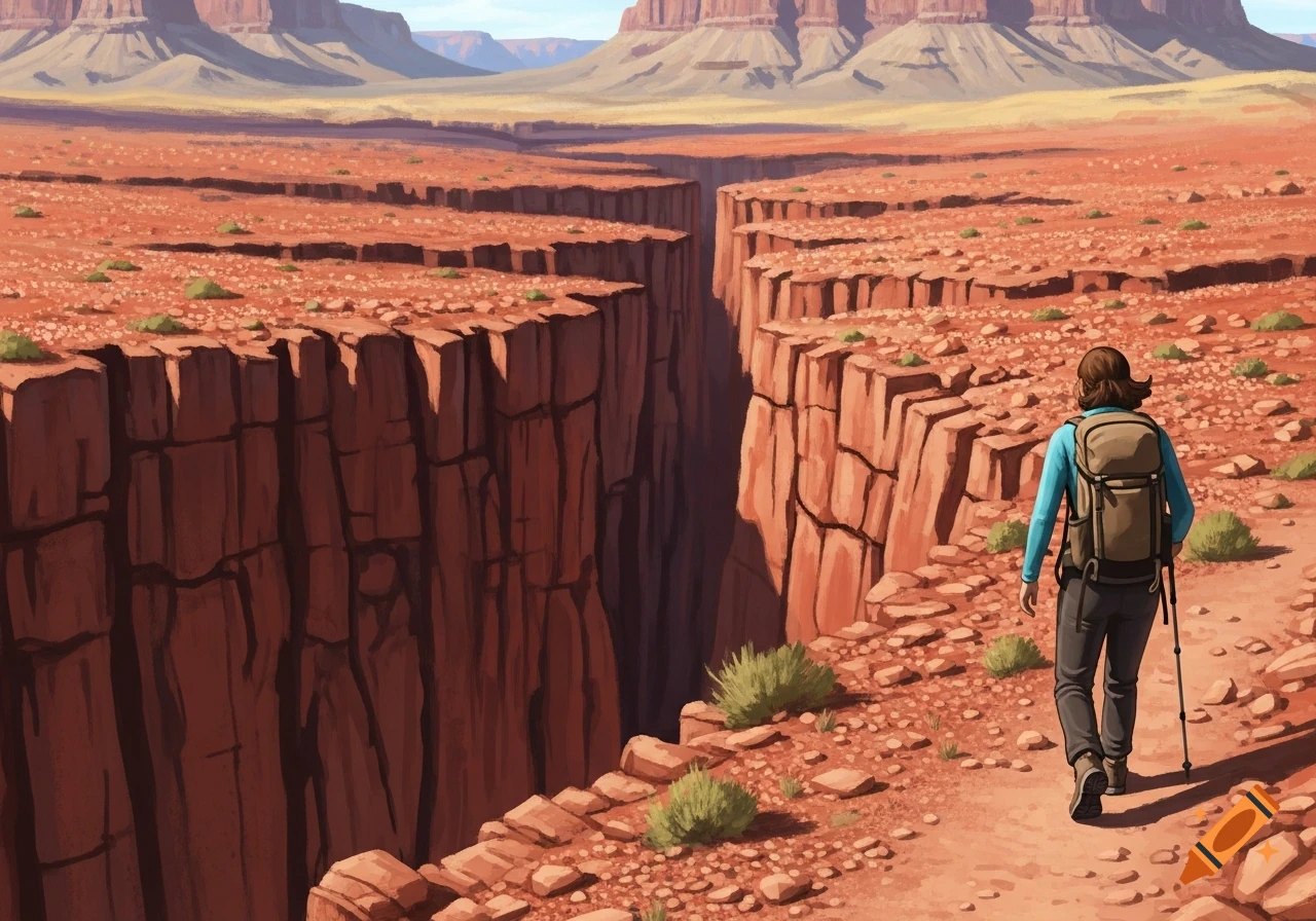 A hiker with a backpack and trekking pole walks along the edge of a deep, red canyon under a clear sky, in a stylized illustration.
