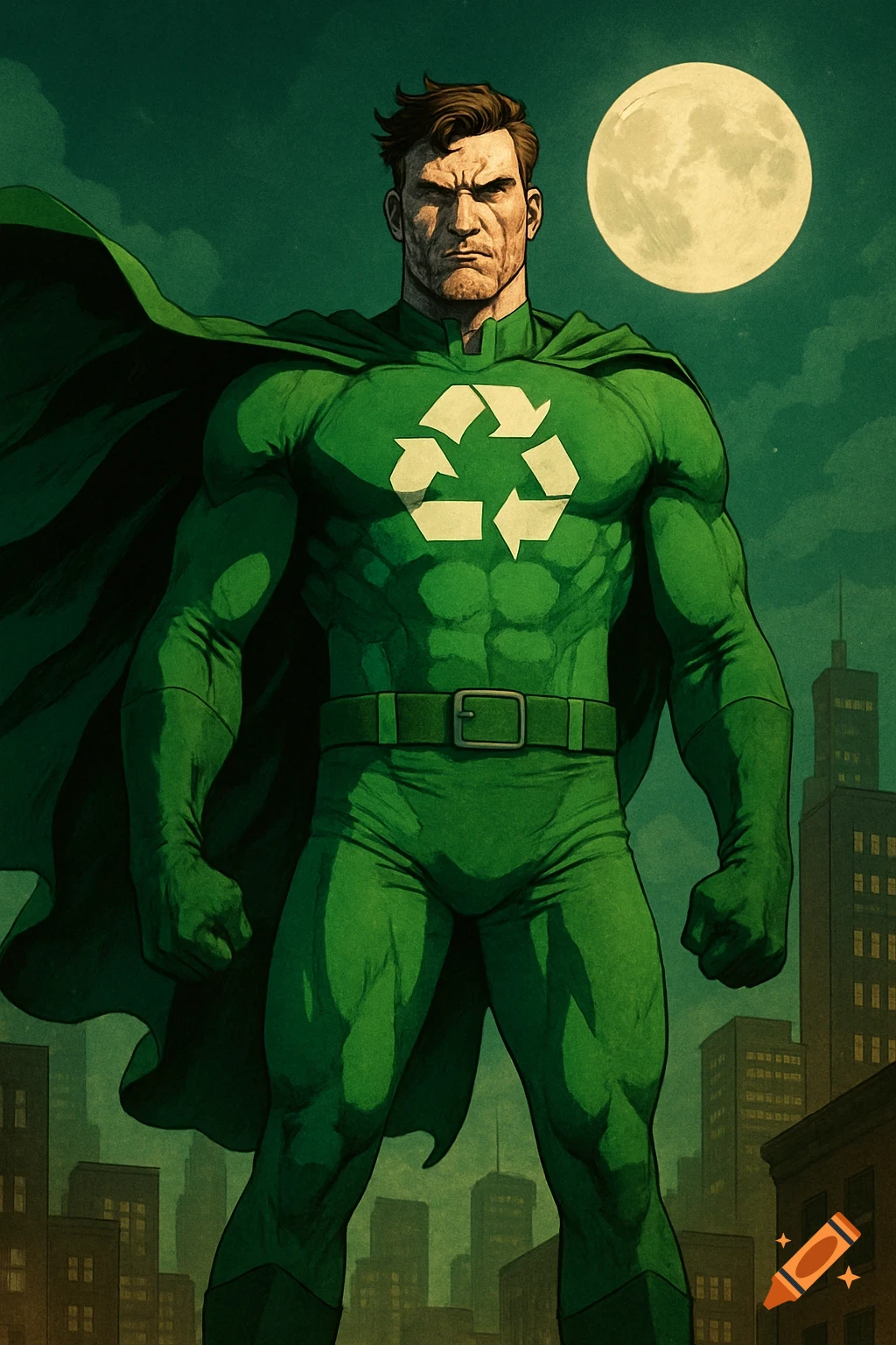 A serious male superhero in a green suit with a recycling logo stands against a cityscape under a full moon, comic book style.