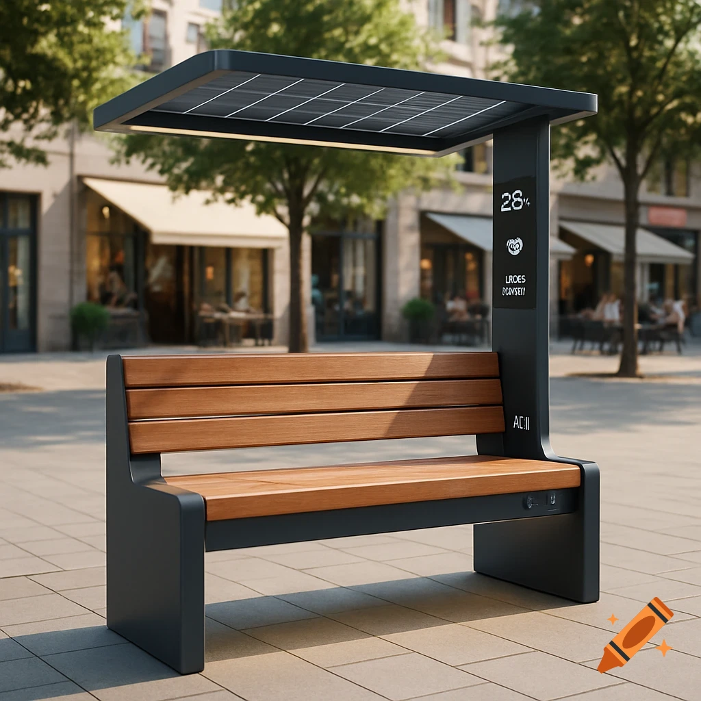 A modern smart bench with a solar panel roof, wooden slats, and a digital display showing a percentage and an icon, set in an urban public space.