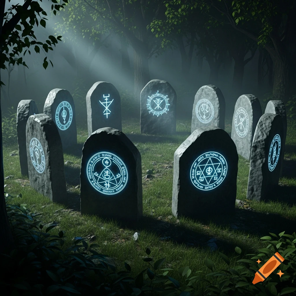 A circle of ancient gravestones with glowing blue occult symbols carved into them, set in a misty forest clearing with dappled sunlight.
