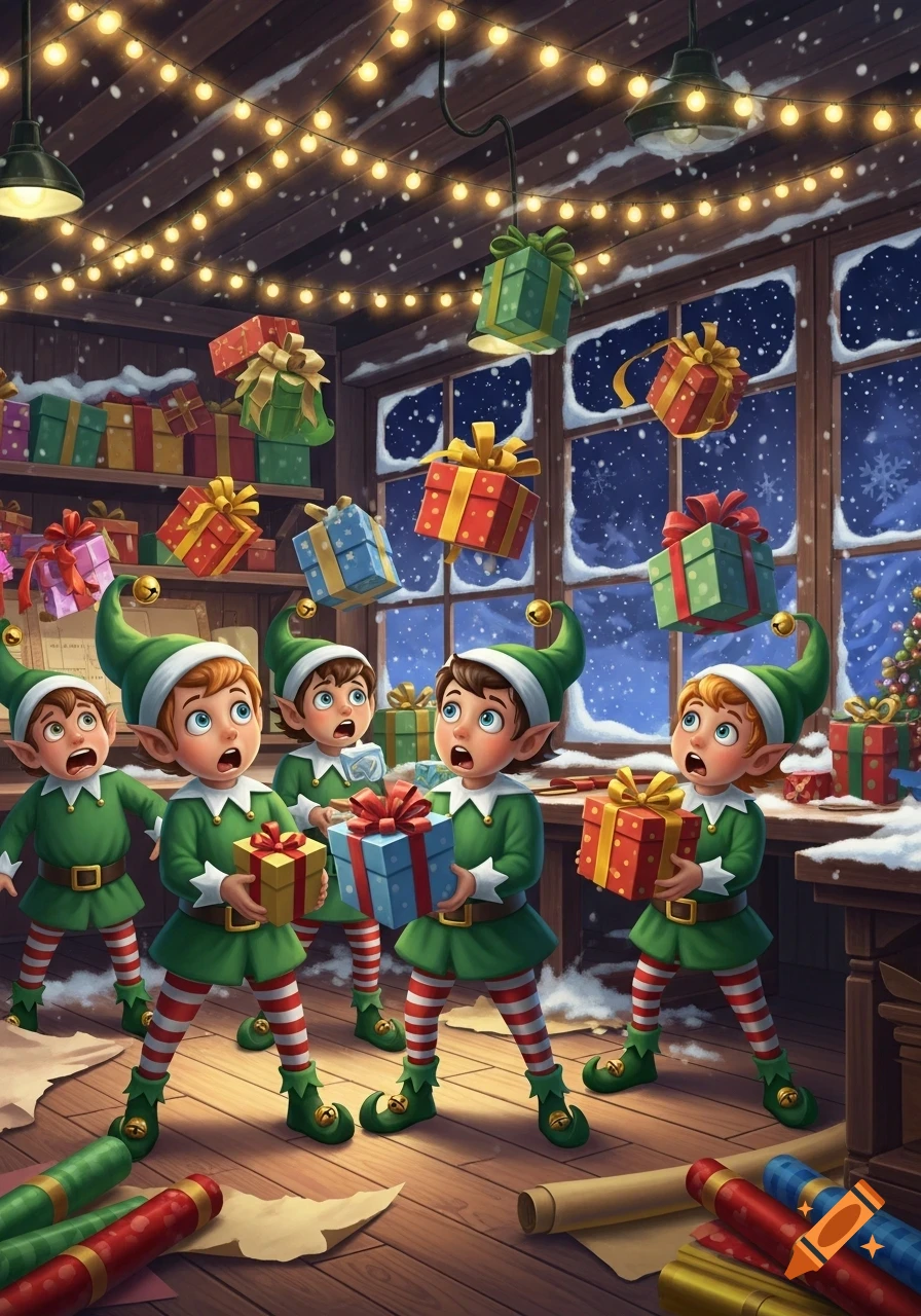 Panicked cartoon elves in a Christmas workshop with floating presents and snow outside.