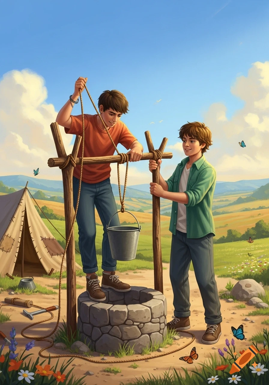 Illustration of two boys building a water well with a rope and bucket in a sunny rural landscape with a tent and butterflies.