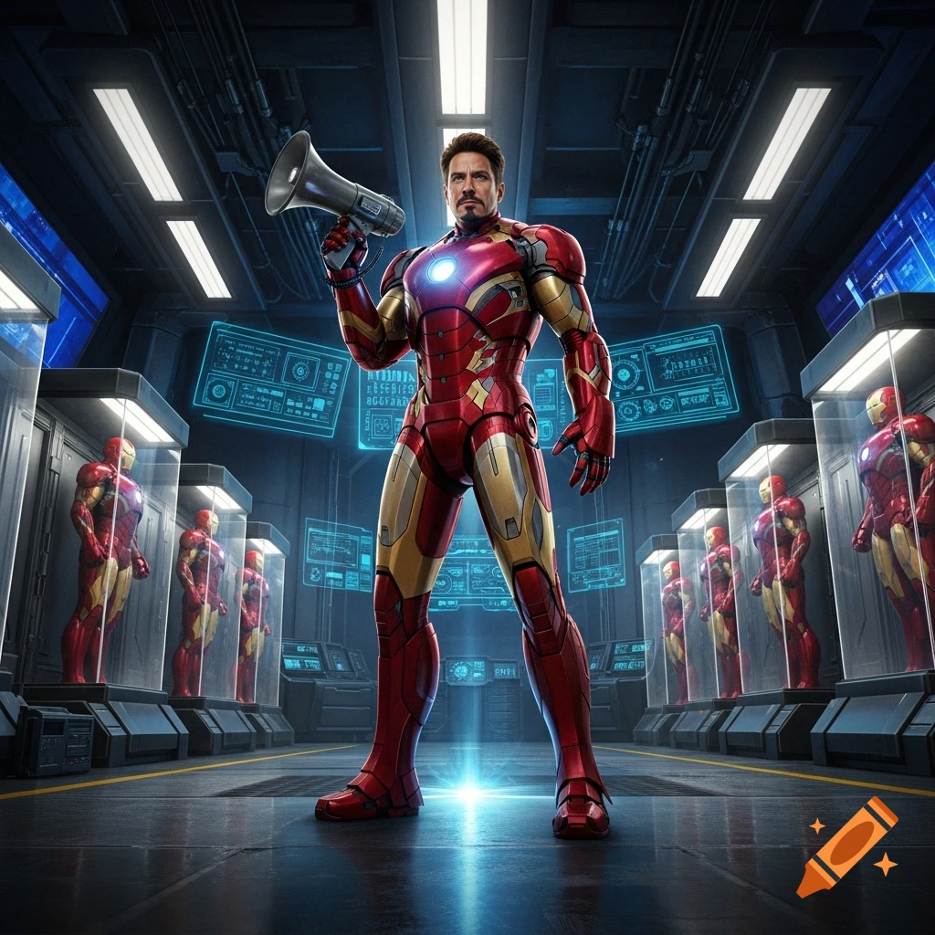 Photorealistic Iron Man, with Tony Stark's face visible, holds a megaphone in a high-tech lab with several other Iron Man suits in glass displays.